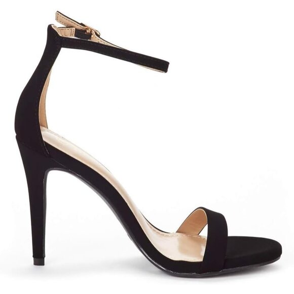 Women's Black-Nubuck Flower Ankle Strap Stiletto Round Open Toe Stylish Heel - Picture 5 of 6